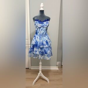 Blue Floral Strapless Mini Dress